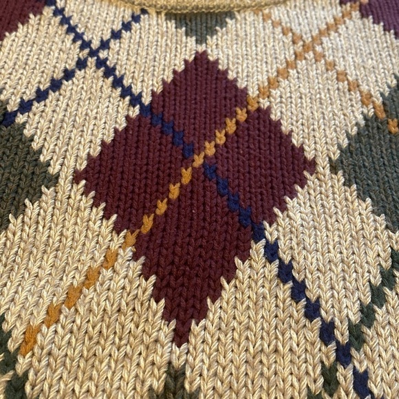 Gant Hand Intarsia Cotton Argyle Diamond Knit Sweater Tan Gold Green Brown L - Picture 4 of 6
